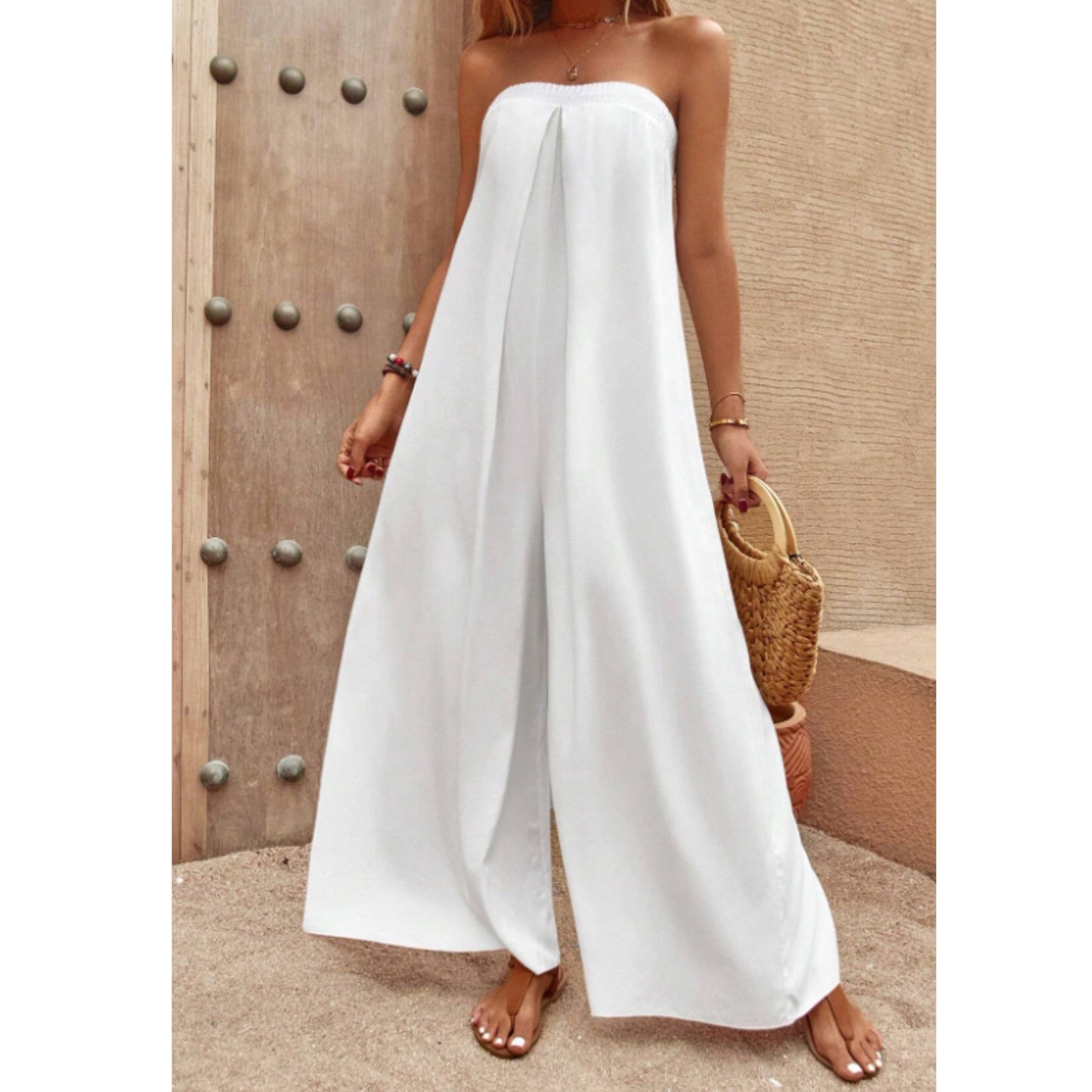 SHEIN - Solid Tie Back Tube Wide Leg Jumpsuit Overall