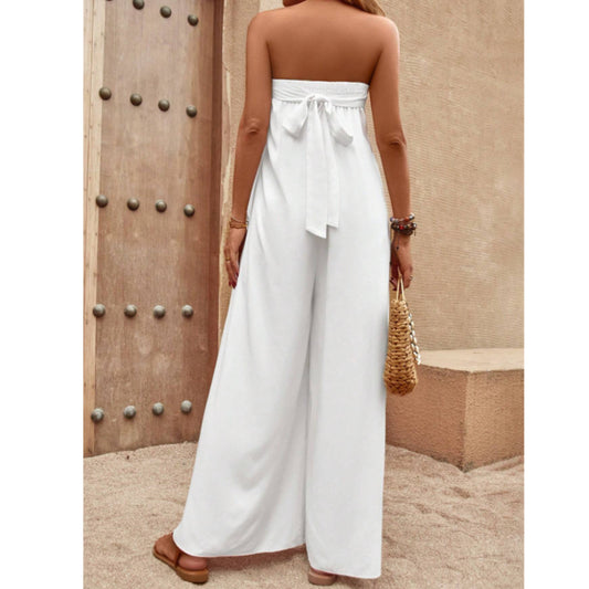 SHEIN - Solid Tie Back Tube Wide Leg Jumpsuit Overall