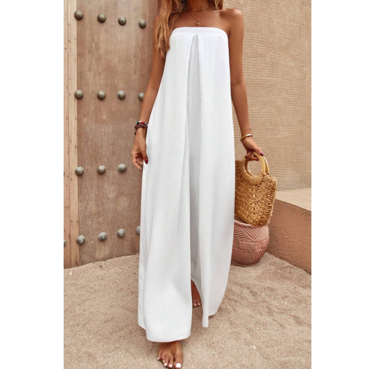 SHEIN - Solid Tie Back Tube Wide Leg Jumpsuit Overall