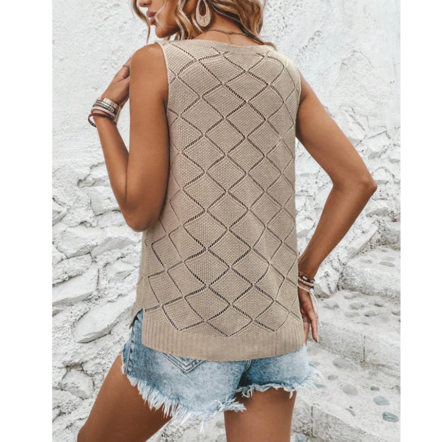 SHEIN - Solid Pointelle Knit Sweater Vest