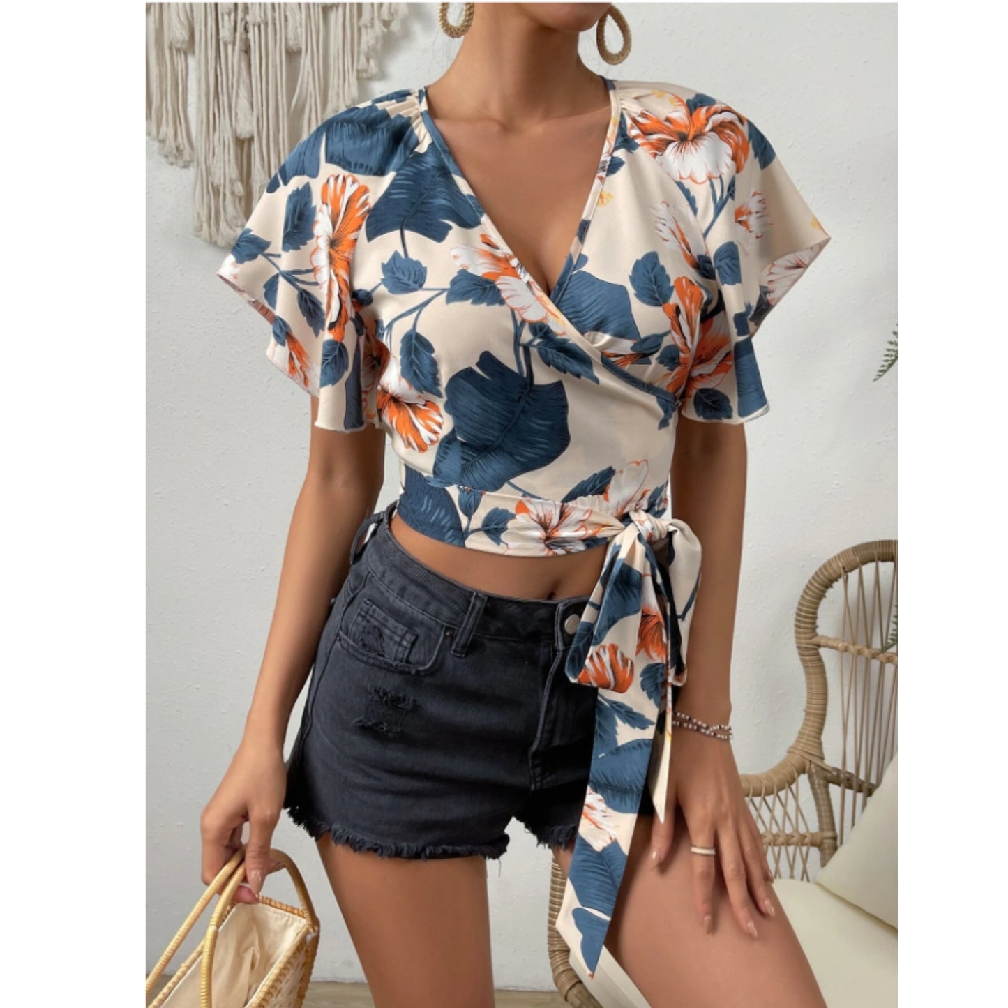 SHEIN - Tropical Print Butterfly Sleeve Knot Side Wrap Blouse