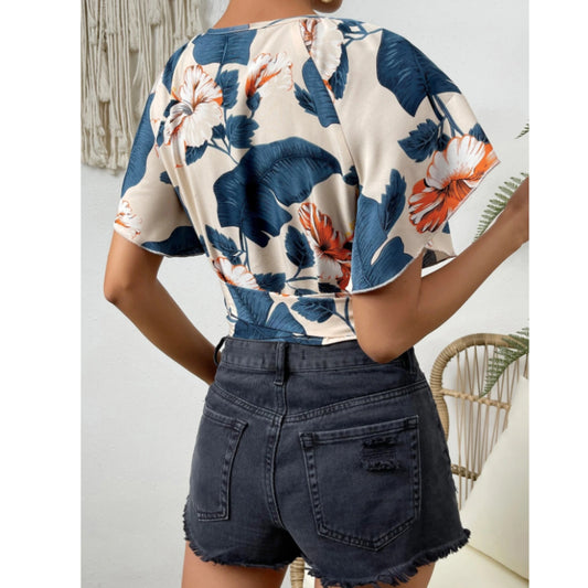 SHEIN - Tropical Print Butterfly Sleeve Knot Side Wrap Blouse