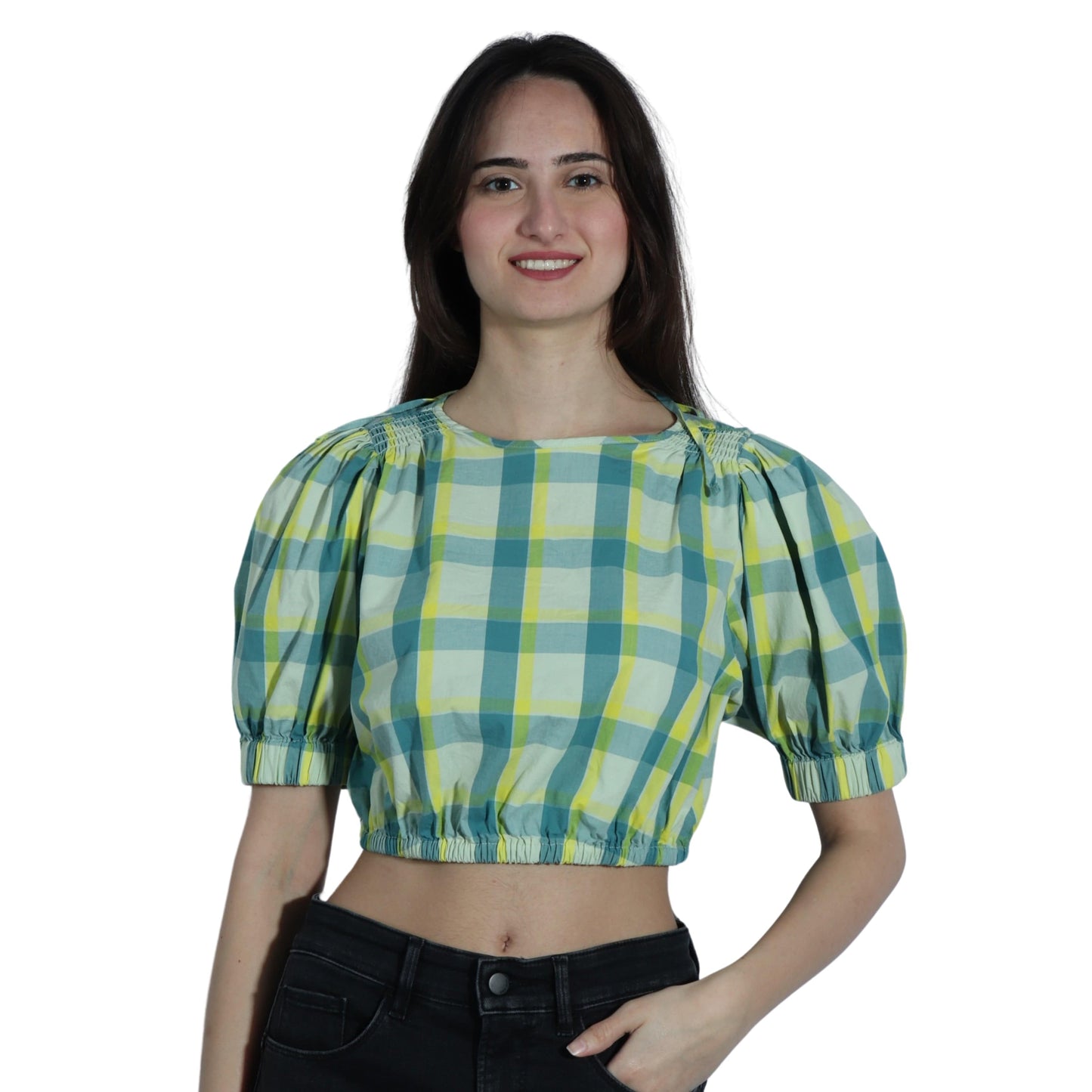 A.N.A Womens Tops A.N.A -  Plaid Round Neck Blouse