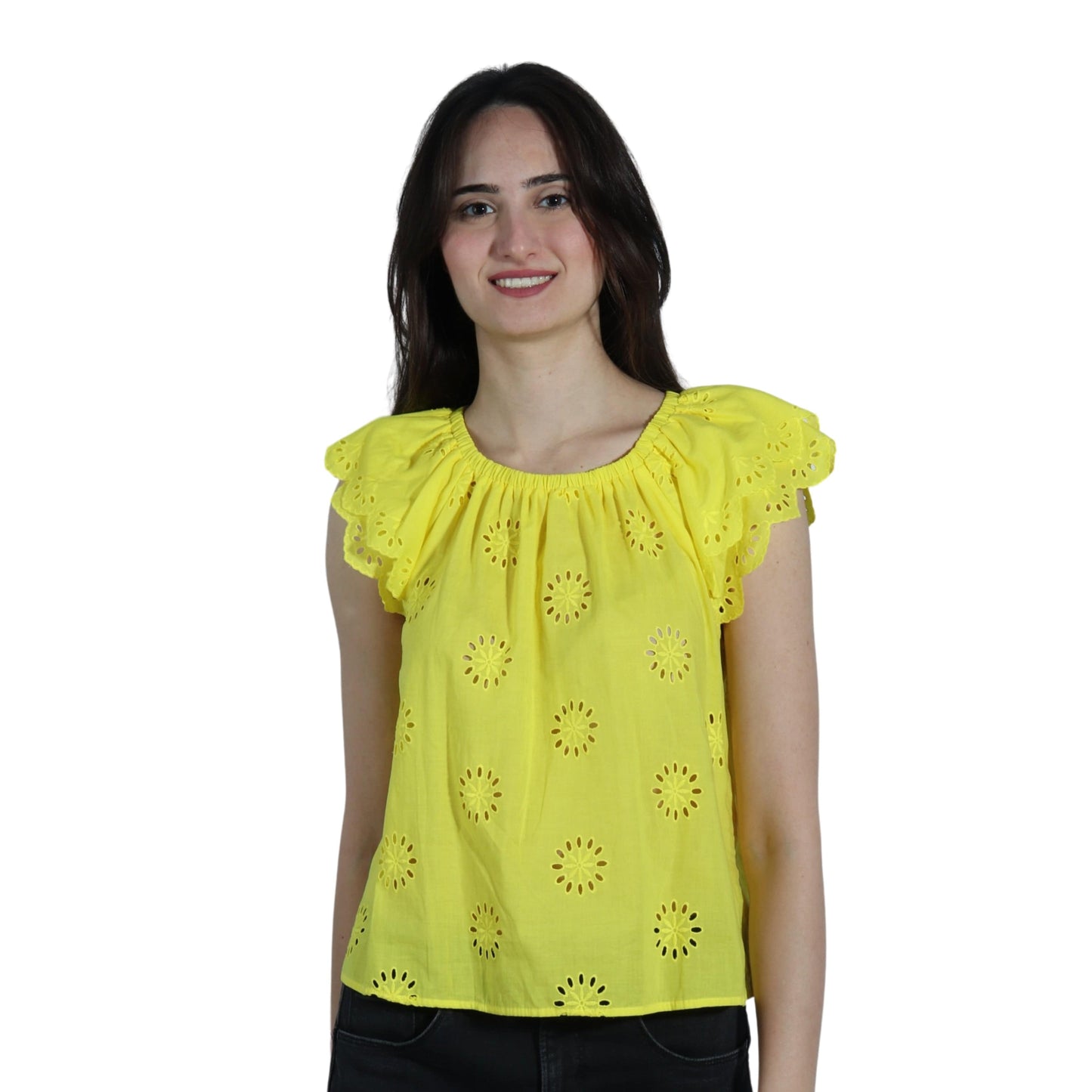 A.N.A Womens Tops Petite S / Yellow A.N.A - Sleeveless Ruffle Top