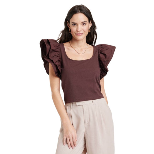 A NEW DAY Womens Tops L / Brown A NEW DAY - Double Flutter Short Sleeve Slim Fit Top