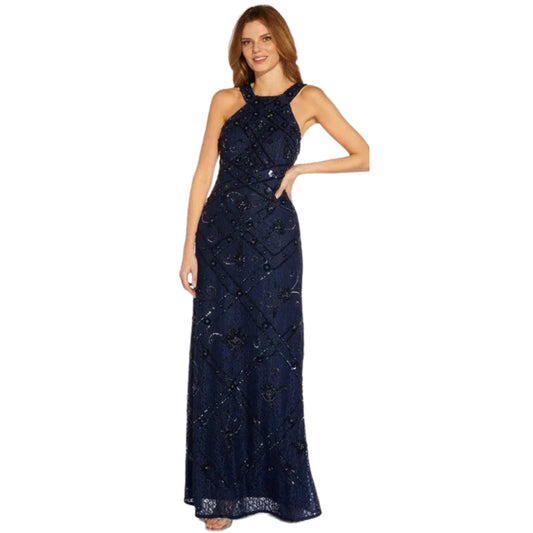 ADRIANNA PAPELL Womens Dress L / Navy ADRIANNA PAPELL - Beaded Halter Evening Dress