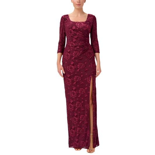 ADRIANNA PAPELL Womens Dress XL / Burgundy ADRIANNA PAPELL - Floral Burnout Velvet Long Column Gown