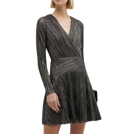 ADRIANNA PAPELL Womens Dress XS / Black ADRIANNA PAPELL - Long-Sleeve Metallic Shimmer Short Dress