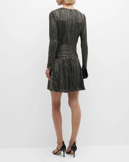 ADRIANNA PAPELL Womens Dress XS / Black ADRIANNA PAPELL - Long-Sleeve Metallic Shimmer Short Dress