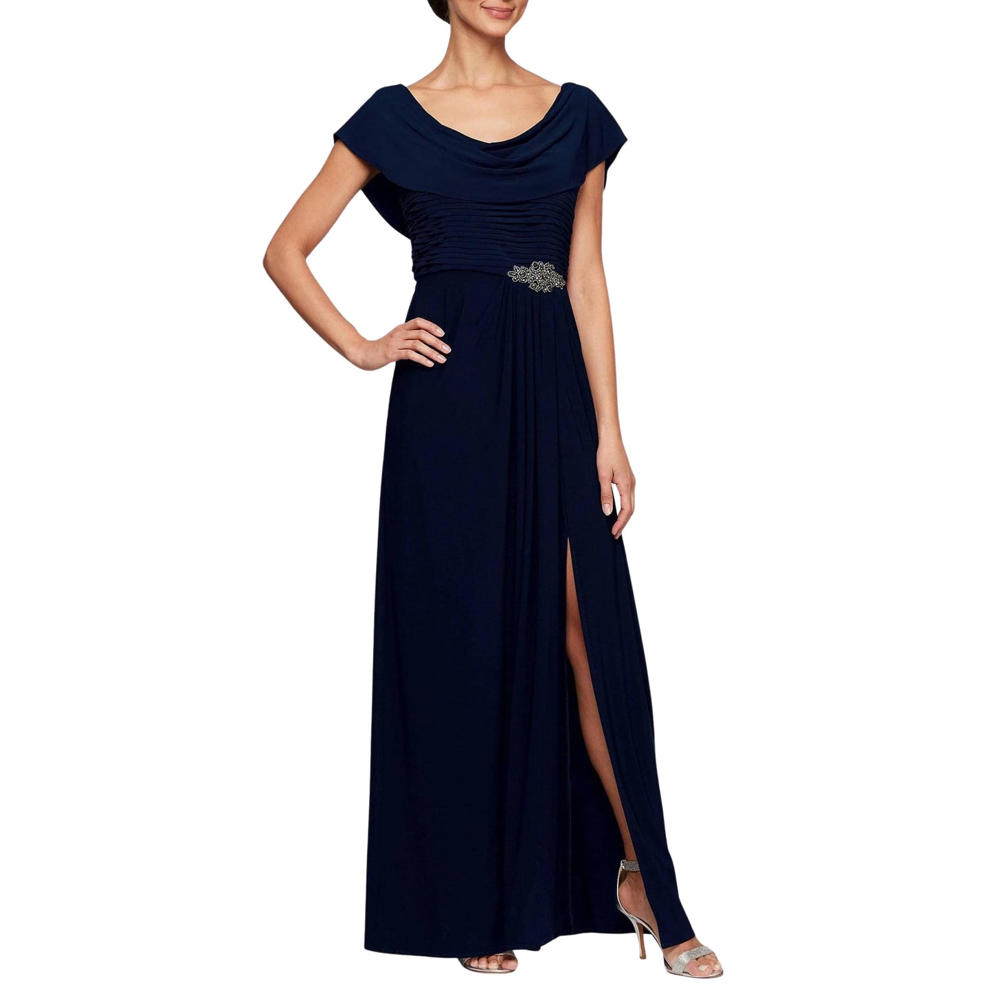 ALEX EVENINGS Womens Dress L / Navy ALEX EVENINGS - Embellished-Waist Cowlneck Gown