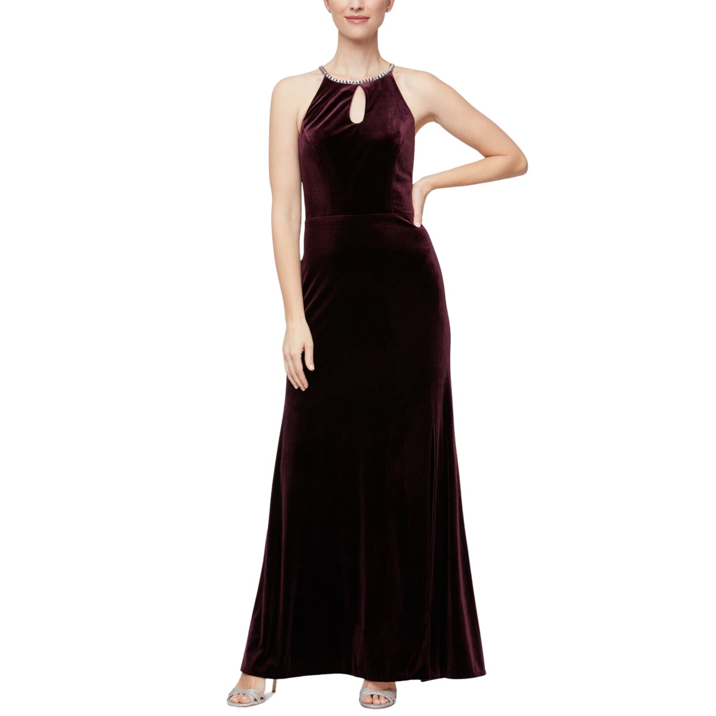 ALEX EVENINGS Womens Dress L / Purple ALEX EVENINGS - Halter neck Velvet Long Evening Dress