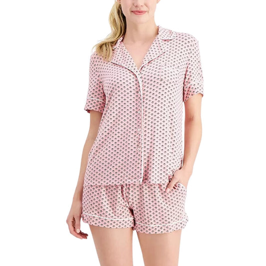 ALFANI Womens Pajama L / Pink ALFANI - Printed Notch Collar Pajama Shorts Set