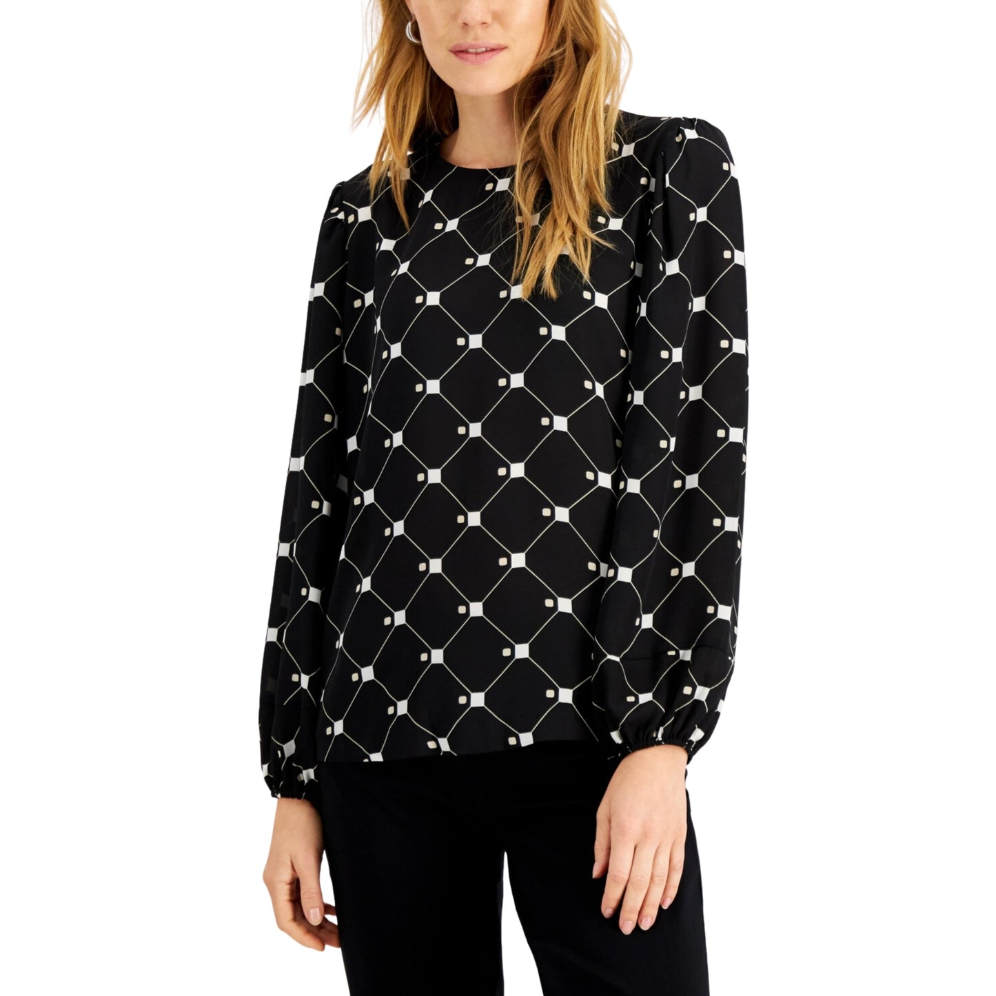 ALFANI Womens Tops M / Black ALFANI - Printed Balloon-Sleeve Top