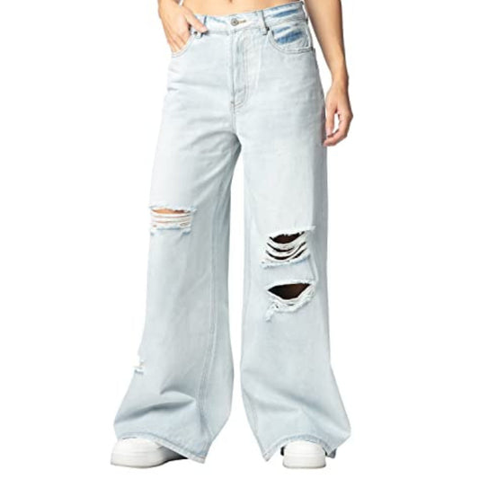 ALMOST FAMOUS Womens Bottoms XS / Blue ALMOST FAMOUS -  Ripped Wide-Leg Jeans