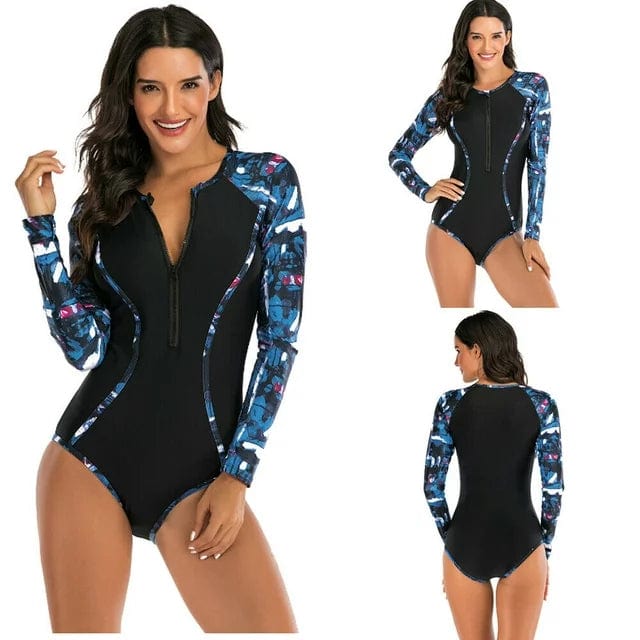 AONIHUA Womens Swimwear XXL / Black AONIHUA -  Long Sleeve Zip Front One Piece Swimsuit