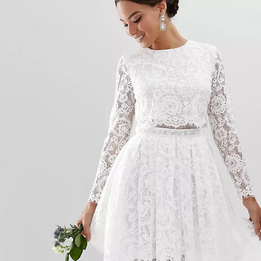 ASOS Womens Dress M / White ASOS - Crop Top Lace Mini Wedding Dress