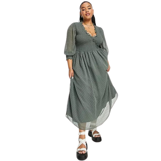 ASOS Womens Dress S / Green ASOS - Curve Midi Smock Dress With Shirred Cuffs