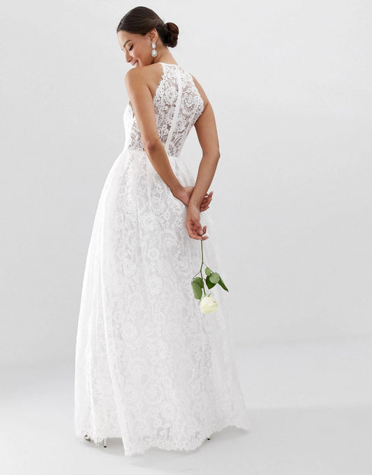 ASOS Womens Dress M / White ASOS - Lace Halter Neck Maxi Wedding Dress
