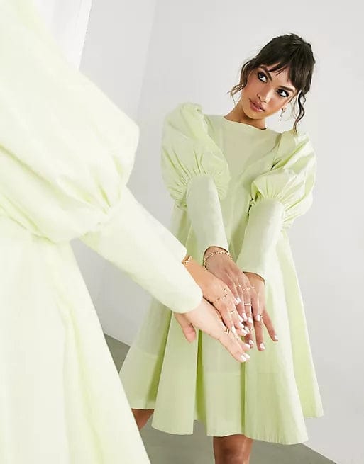 ASOS Womens Dress L / Green ASOS - Mini Dress With Puff Sleeve And Cut Out In Washed Lime