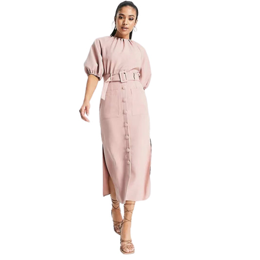 ASOS Womens Dress S / Pink ASOS -  Puff sleeve button through belted midi dress