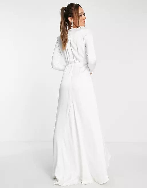 ASOS Womens Dress XXL / White ASOS - Sadie Pleated Plunge Wrap Wedding Dress In Satin