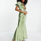 ASOS Womens Dress S / Green ASOS - Satin Bias Maxi Tea Dress With Belt