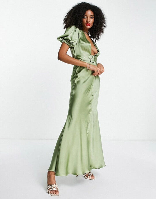 ASOS Womens Dress S / Green ASOS - Satin Bias Maxi Tea Dress With Belt