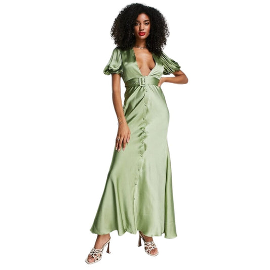 ASOS Womens Dress S / Green ASOS - Satin Bias Maxi Tea Dress With Belt
