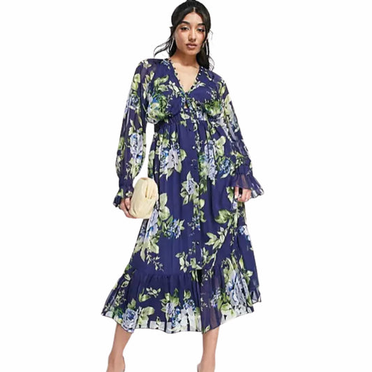 ASOS Womens Dress XL / Multi-Color ASOS -  Satin Stripe Midi Dress With Blouson Sleeve And Button Detail