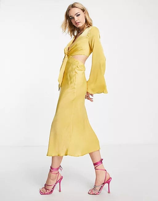 ASOS Womens Dress XL / Yellow ASOS - Tie Front Satin Midi Dress