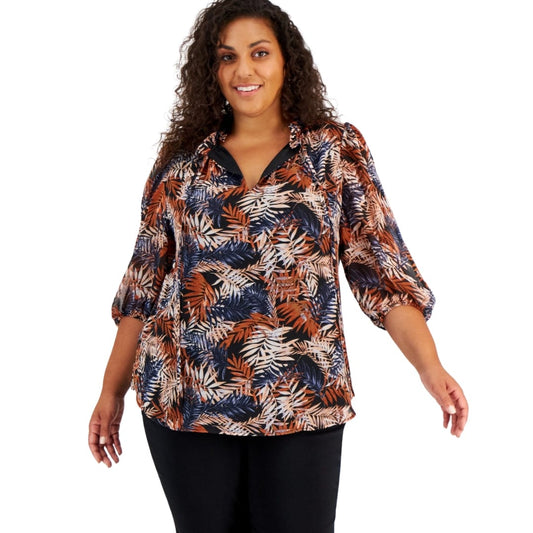 BAR III XXL / Multi-Color BAR III - Plus Size Printed Tie-Neck Top