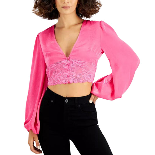 BAR III Womens Tops XS / Pink BAR III - Lace-Hem Cropped Blouse