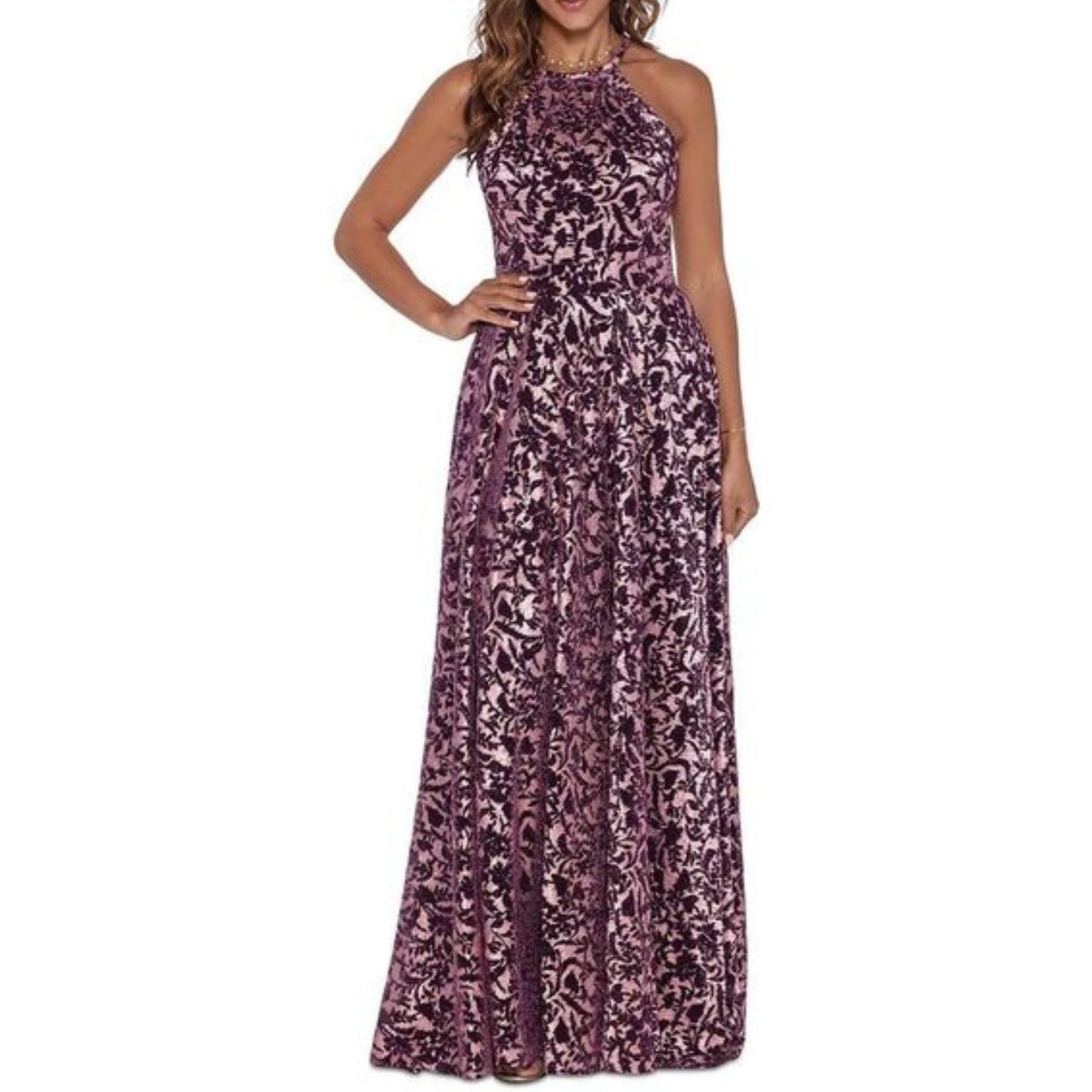 BETSY & ADAM Womens Dress Petite L / Multi-Color BETSY & ADAM - Metallic Burnout Halter Maxi Dress