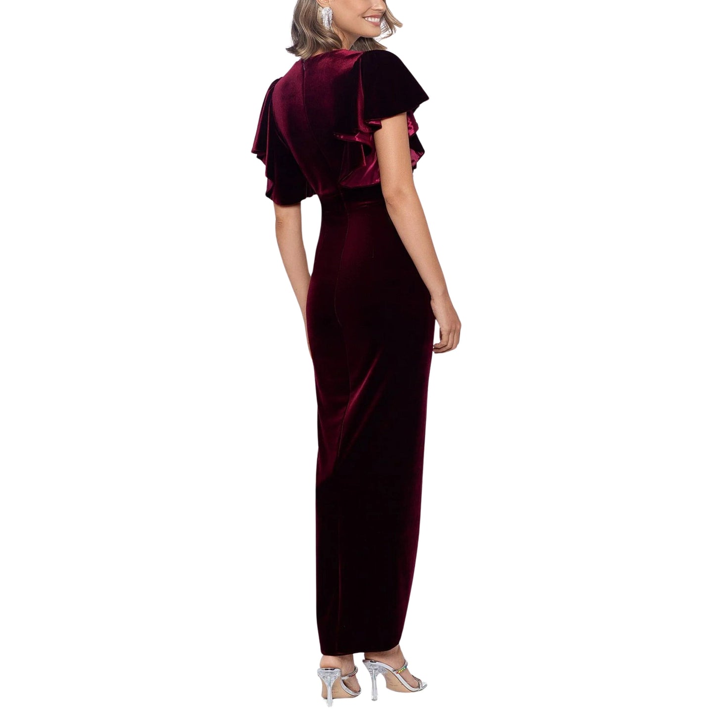 BETSY & ADAM Womens Dress S BETSY & ADAM - V Neck Short Flutter Sleeve Velvet Gown Purple