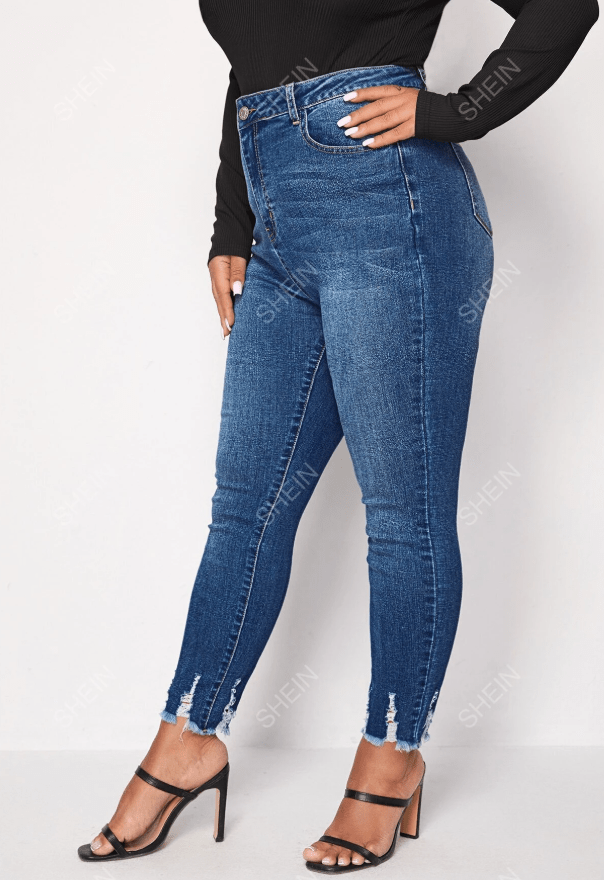 Beyond Marketplace Shein Womens Bottoms XXXL / Blue / 40-42 SHEIN - LUNE Plus High Waist Ripped Frayed Hem Skinny Jeans