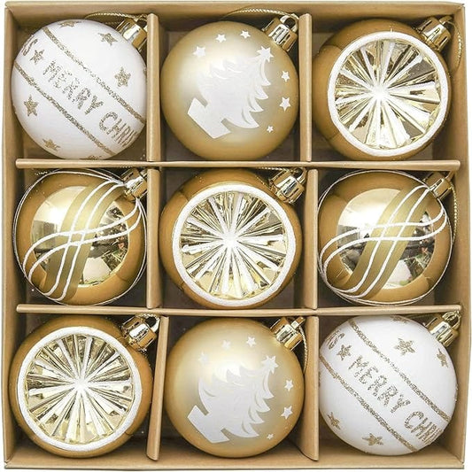 BRANDS & BEYOND Christmas Decoration Plush white and gold baubles 9 piece set