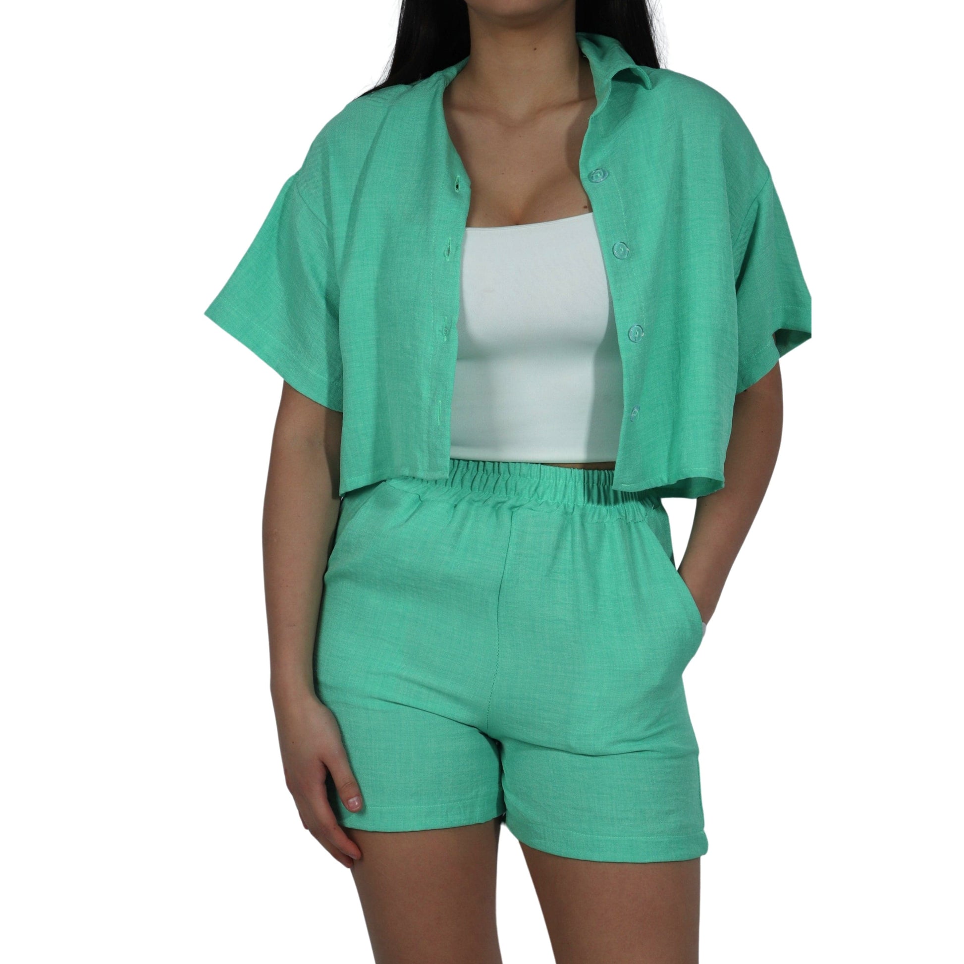 BRANDS & BEYOND Women Sets XS / Green Cropped Open Top And Shorts Set