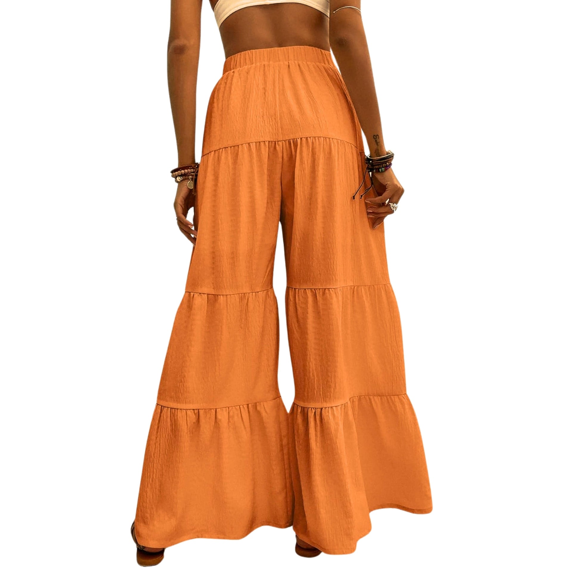 BRANDS & BEYOND Womens Bottoms S / Orange Ruffle Hem Wide Leg Pants