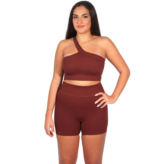 BRANDS & BEYOND Womens sports M / Brown Women Suit PJ Short with 1 Sholder Crop Top