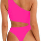BRANDS & BEYOND Womens Swimwear M / Pink Cutout One Shoulder High Cut Cheeky One Piece Swimsuit
