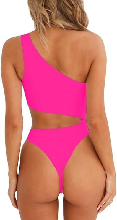 BRANDS & BEYOND Womens Swimwear M / Pink Cutout One Shoulder High Cut Cheeky One Piece Swimsuit