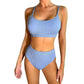 BRANDS & BEYOND Womens Swimwear M / Blue Ribbed Bikini Set Top High Waist Swimwear