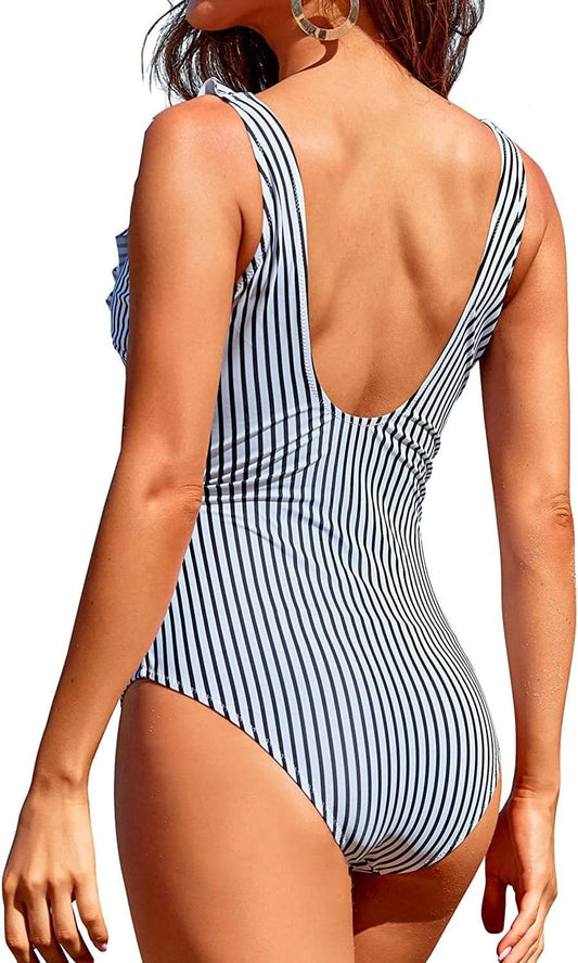 BRANDS & BEYOND Womens Swimwear S / Multi-Color Ruffle V Neck One Piece Swimsuits