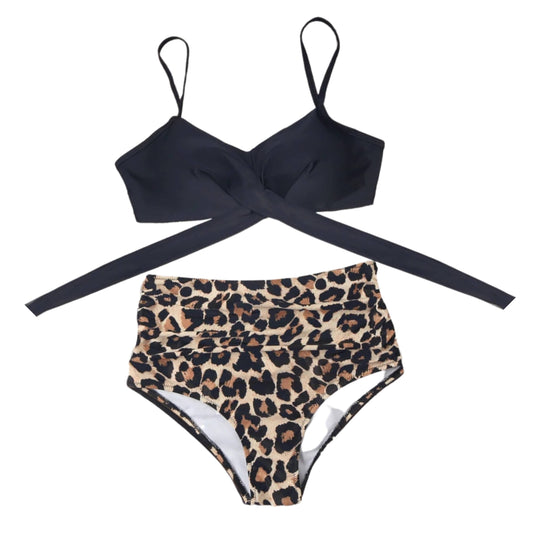 BRANDS & BEYOND Womens Swimwear L / Multi-Color Women Leopard Cross Bandage Swimsuit