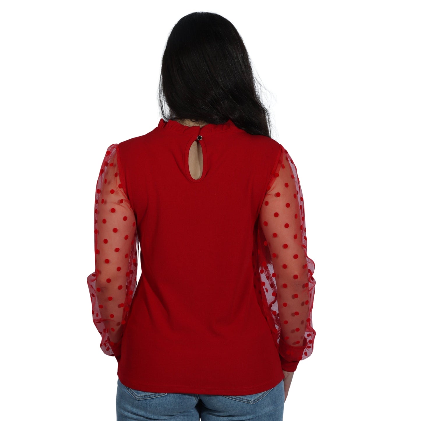 BRANDS & BEYOND Womens Tops M / Red Crewneck Polka Dots Sheer Mesh Puff Sleeve Elegant Blouse