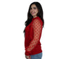 BRANDS & BEYOND Womens Tops M / Red Crewneck Polka Dots Sheer Mesh Puff Sleeve Elegant Blouse