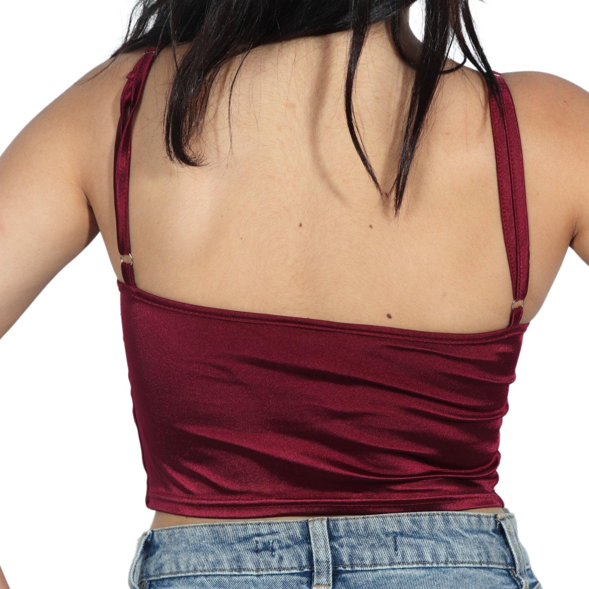 BRANDS & BEYOND Womens Tops S / Burgundy Satin Cropped Top