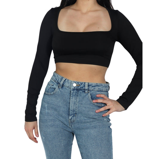 BRANDS & BEYOND Womens Tops S / Black Square Neck Long Sleeve Cropped Top