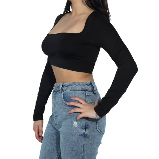 BRANDS & BEYOND Womens Tops S / Black Square Neck Long Sleeve Cropped Top