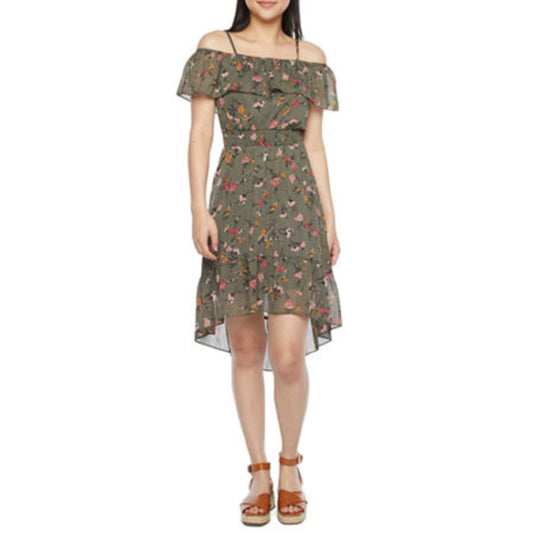 BY & BY Womens Dress S / Green BY & BY -  Short Sleeve Floral High-Low Fit & Flare Dress